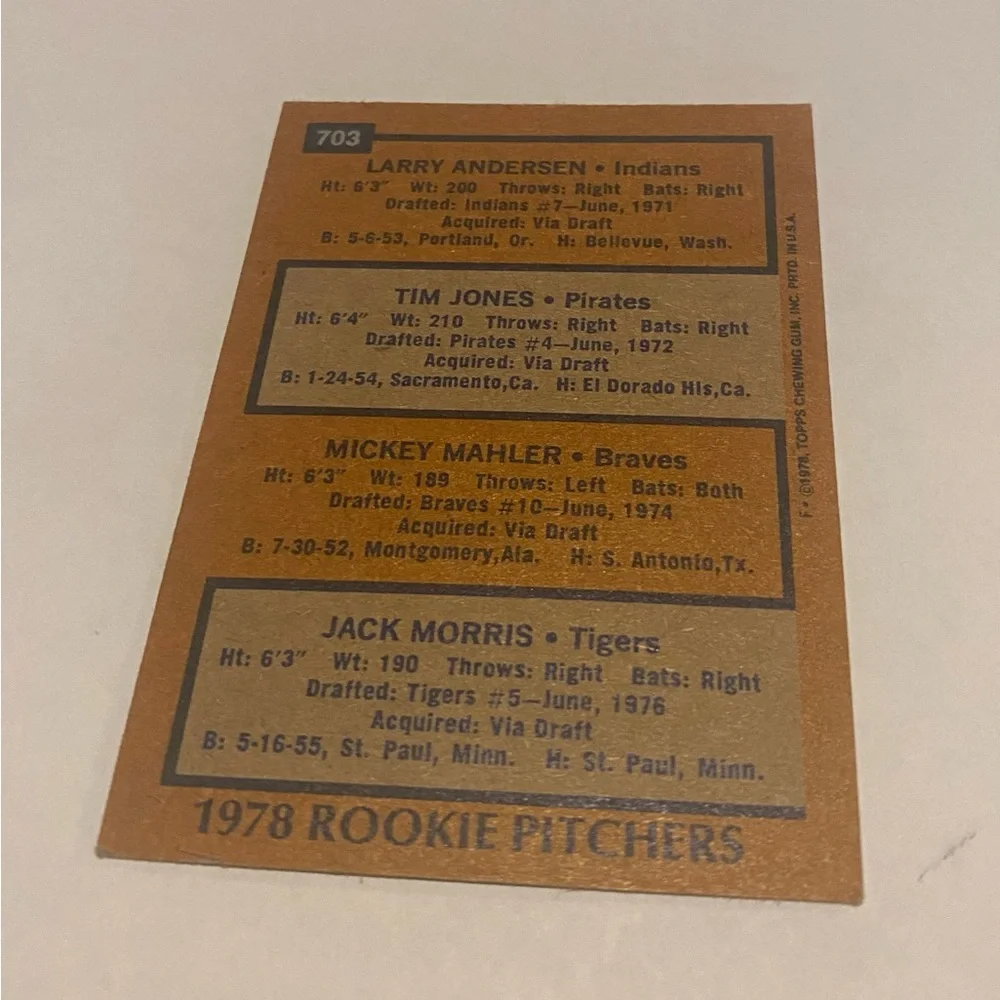 Jack Morris/Mickey Mahler/Tim Jones/Larry Anderson 1978 Rookie Topps Pitchers